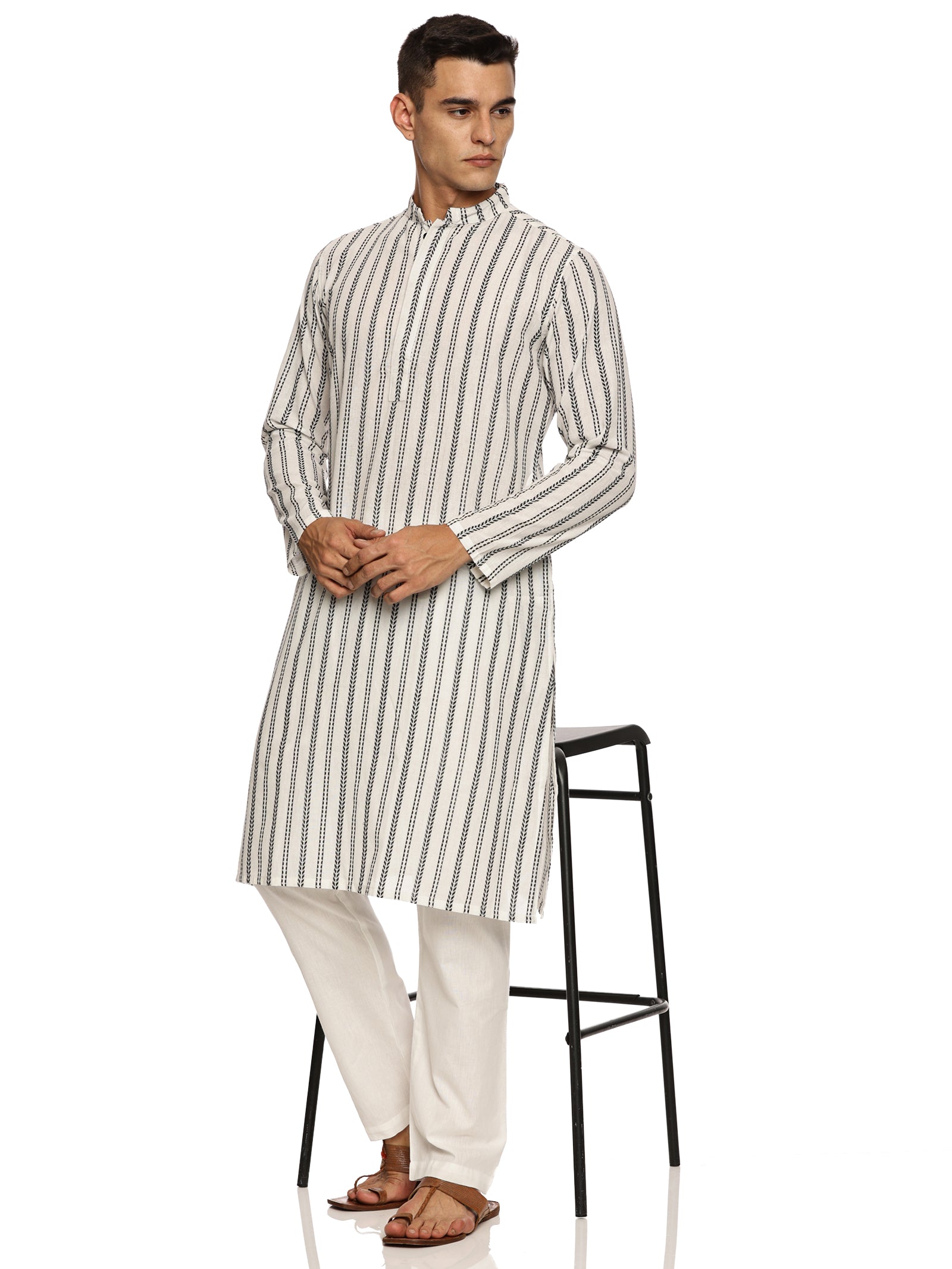 KuJee Crafts Men's Cotton Kurta with Dobby Texture in White Color.