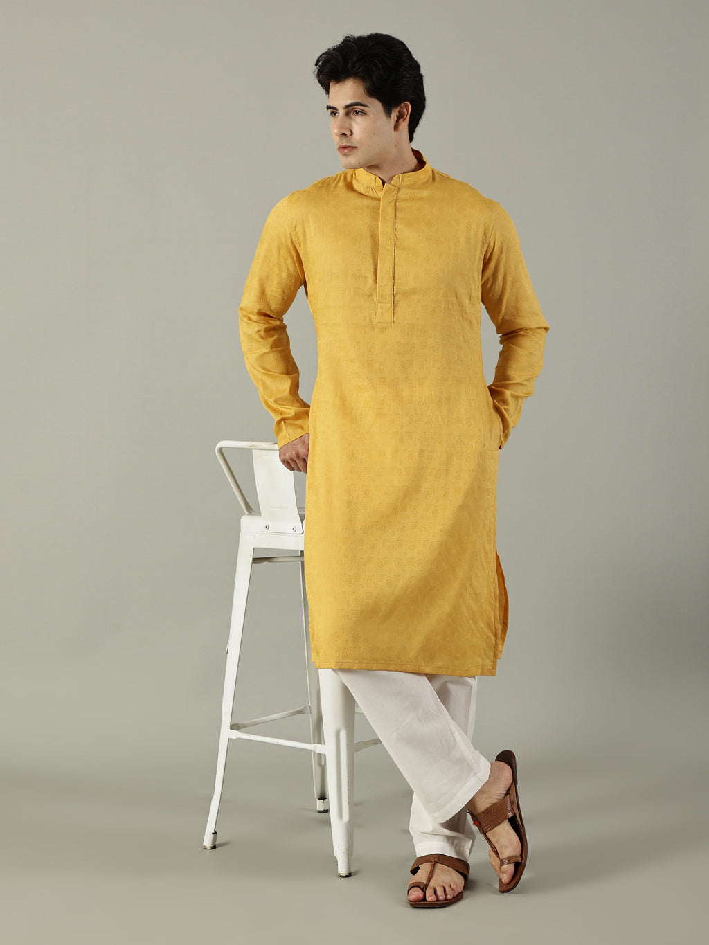 KuJee Crafts Men's Cotton Kurta Set ( Kurta & Pyjama) with in Yellow Color (2pcs).
