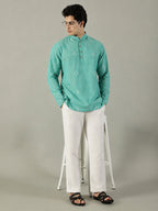 KuJee Crafts Men's Short Cotton Kurta with Dobby Texture in Green.