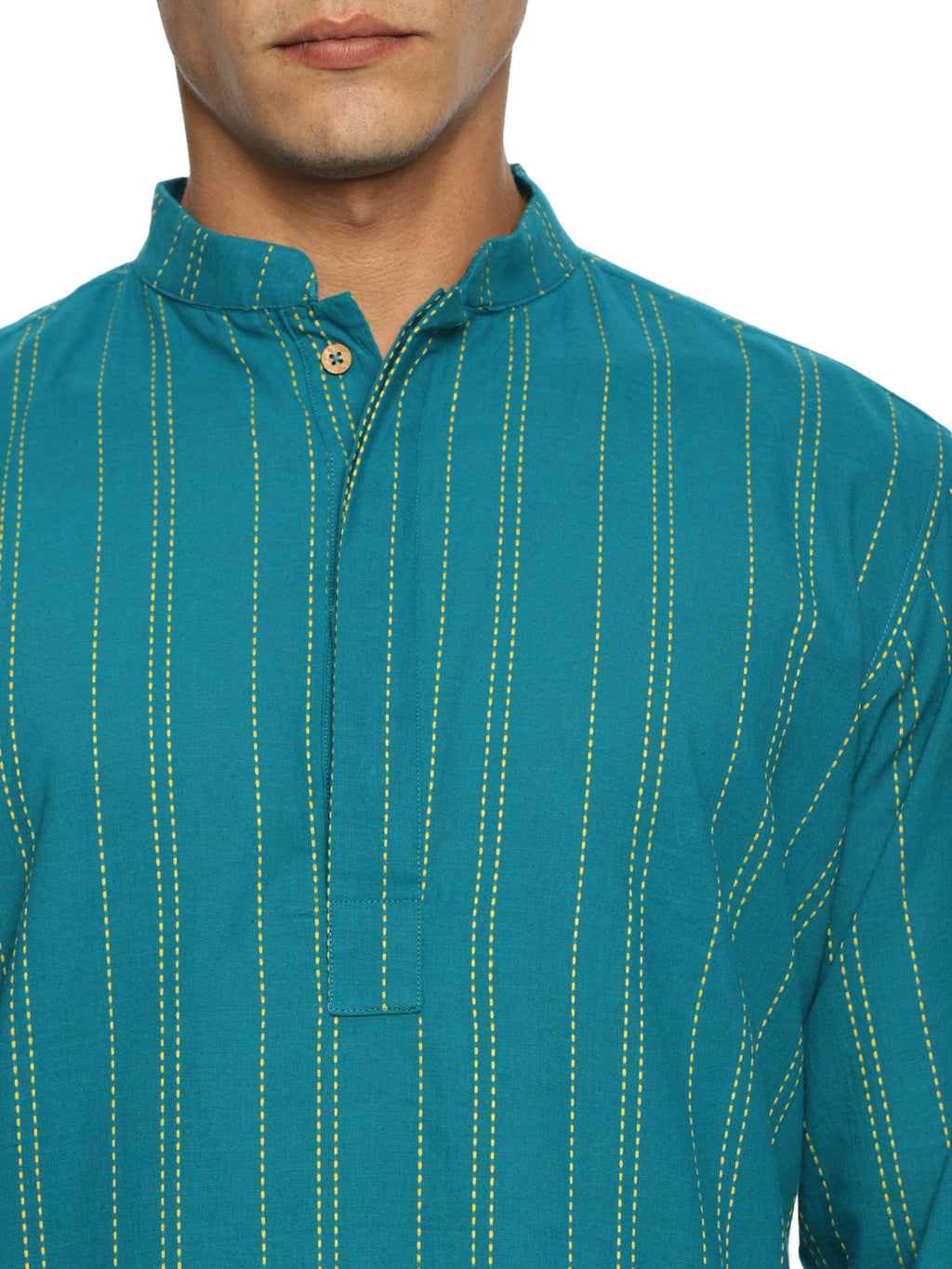 KuJee Crafts Men's Cotton Kurta Pajam set with Dobby Texture in Blue Color.