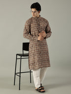 KuJee Crafts Men's Cotton Kalamkari Fabric Kurta Set ( Kurta & Pyjama) with Brown Base (2pcs).