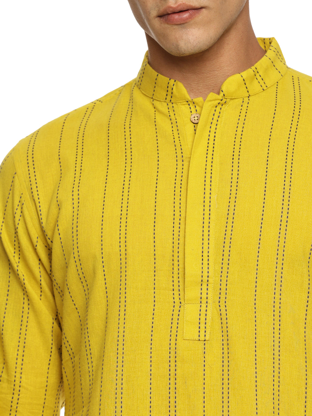 KuJee Crafts Men’s Cotton Kurta with Dobby Texture in Yellow Color.