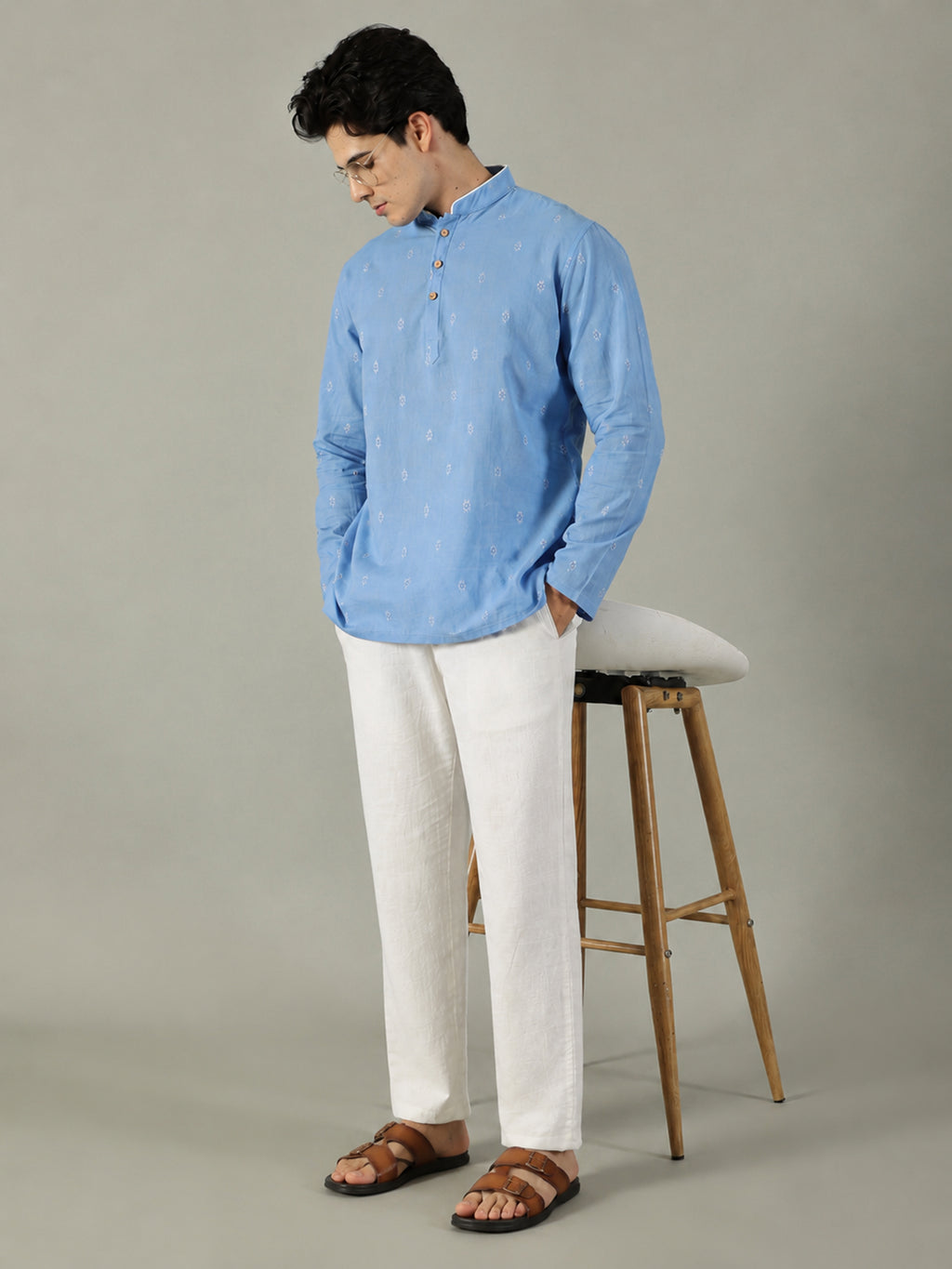 KuJee Crafts Men's Short Cotton Kurta with Dobby Texture in Blue.