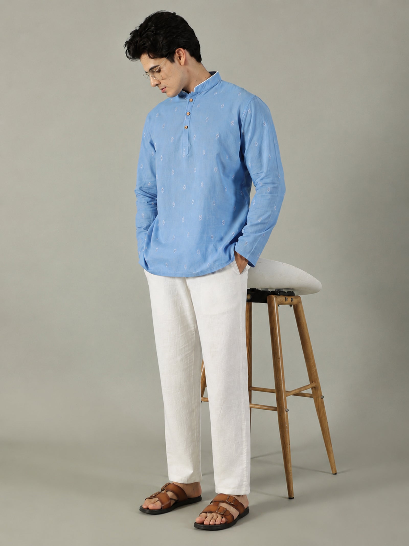 KuJee Crafts Men's Short Cotton Kurta with Dobby Texture in Blue.