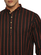 KuJee Crafts Men's Short Cotton Kurta with Dobby Texture in Black Color.