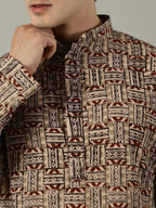 KuJee Crafts Men's Cotton Kalamkari Fabric Kurta Set ( Kurta & Pyjama) with Brown Base (2pcs).