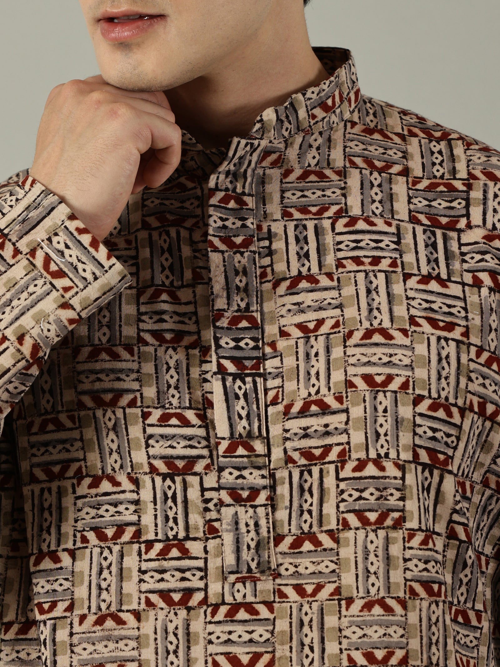 KuJee Crafts Men's Cotton Kalamkari Fabric Kurta Set ( Kurta & Pyjama) with Brown Base (2pcs).