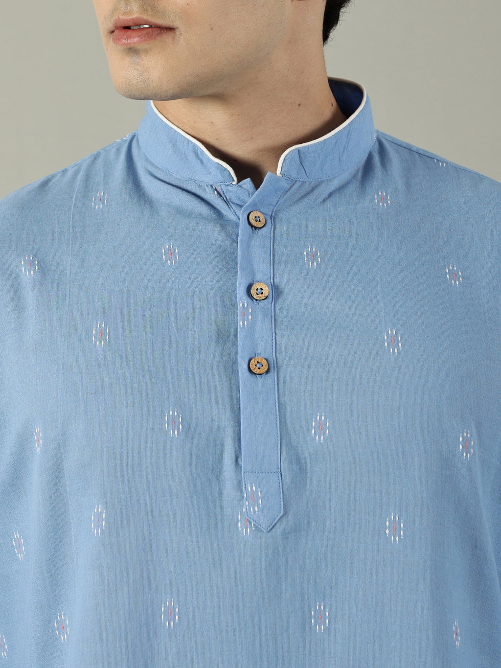 KuJee Crafts Men's Short Cotton Kurta with Dobby Texture in Blue.