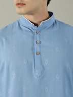 KuJee Crafts Men's Short Cotton Kurta with Dobby Texture in Blue.