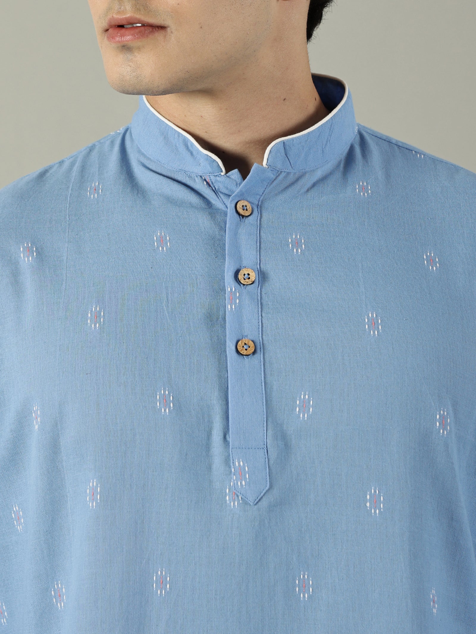 KuJee Crafts Men's Short Cotton Kurta with Dobby Texture in Blue.
