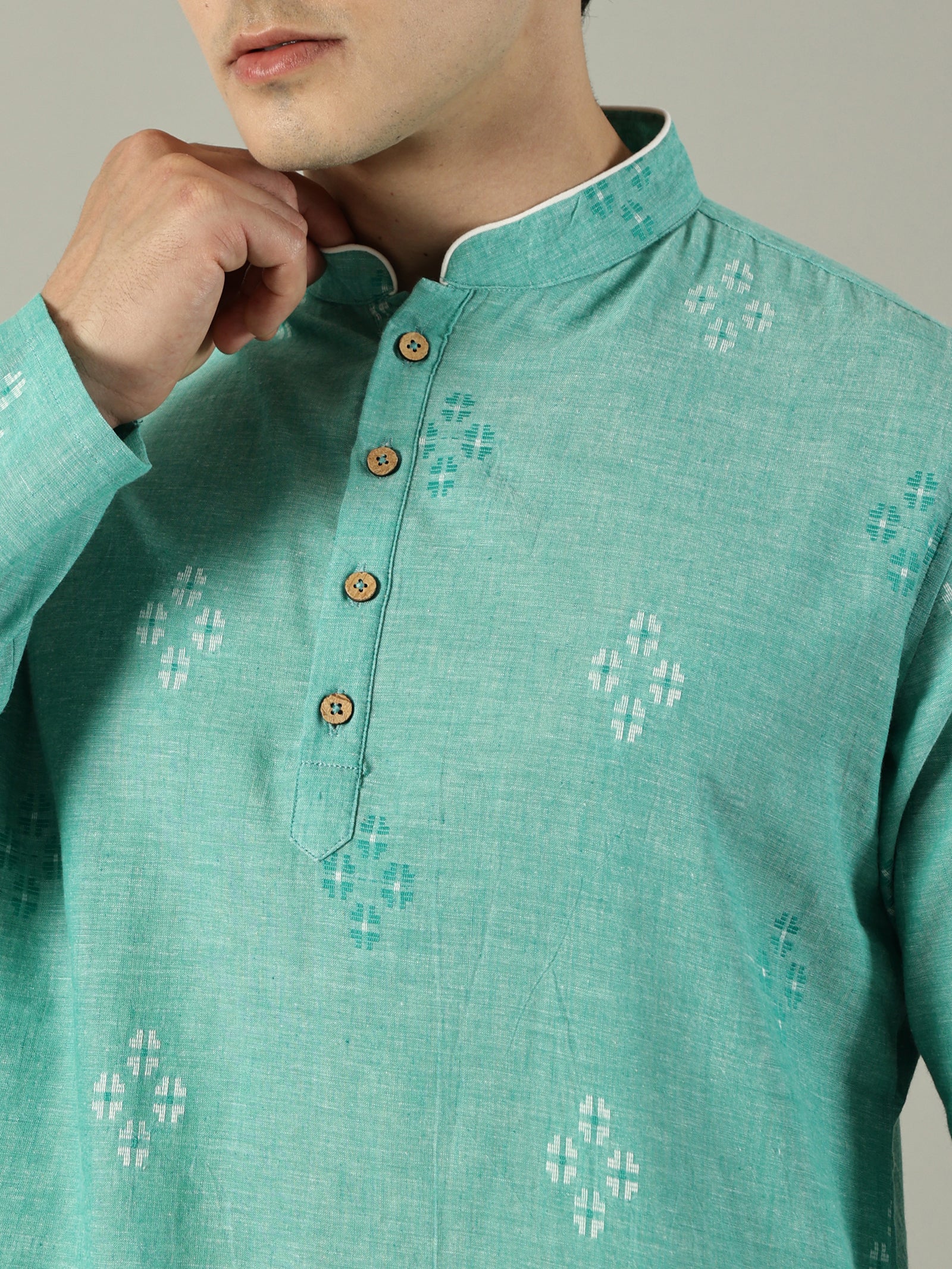 KuJee Crafts Men's Short Cotton Kurta with Dobby Texture in Green.