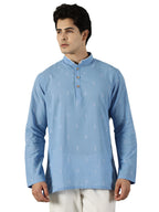 KuJee Crafts Men's Short Cotton Kurta with Dobby Texture in Blue.