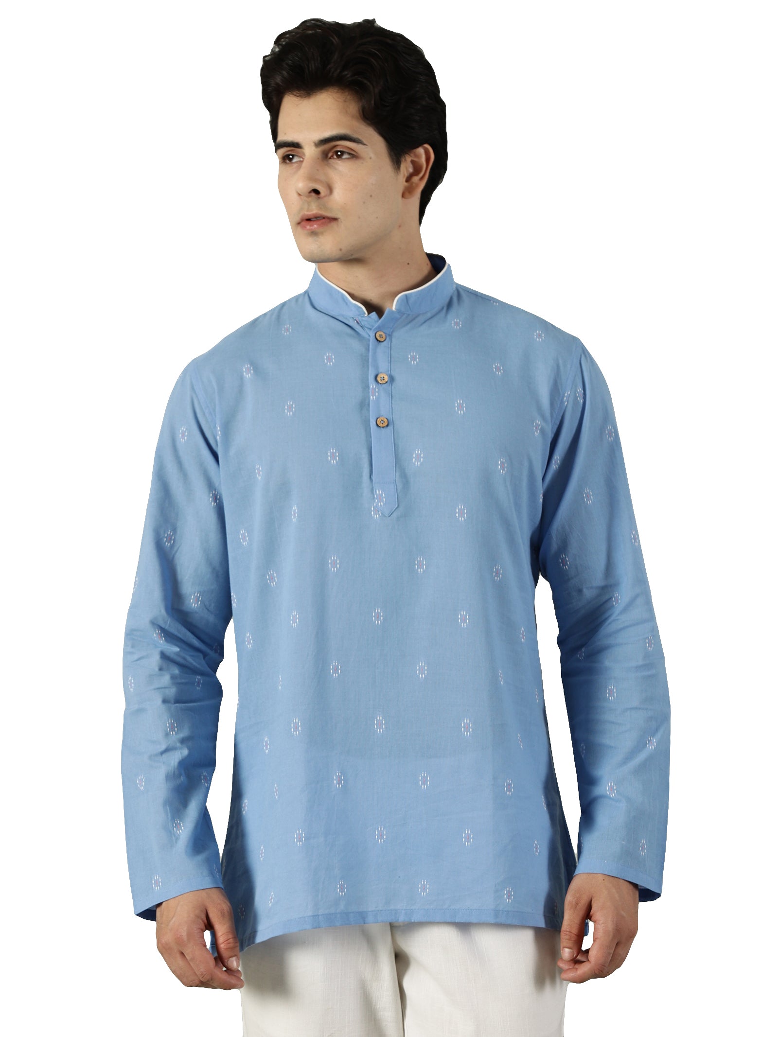 KuJee Crafts Men's Short Cotton Kurta with Dobby Texture in Blue.