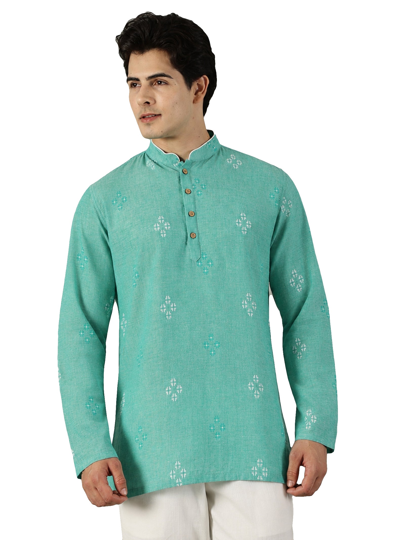 KuJee Crafts Men's Short Cotton Kurta with Dobby Texture in Green.