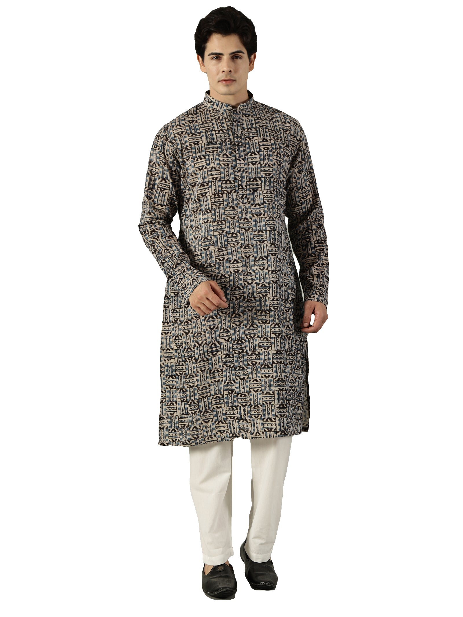 KuJee Crafts Men's Cotton Kalamkari Fabric Kurta with Blue Base.