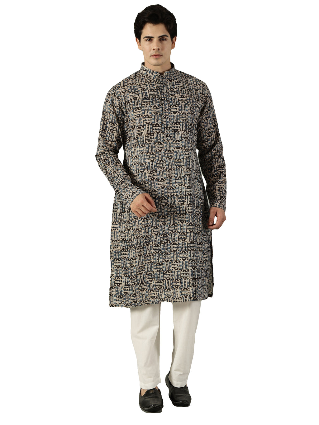KuJee Crafts Men's Cotton Kalamkari Fabric Kurta Set ( Kurta & Pyjama) with Blue Base (2pcs).