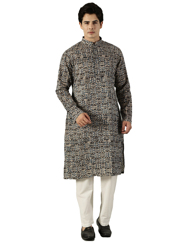 KuJee Crafts Men's Cotton Kalamkari Fabric Kurta Set ( Kurta & Pyjama) with Blue Base (2pcs).