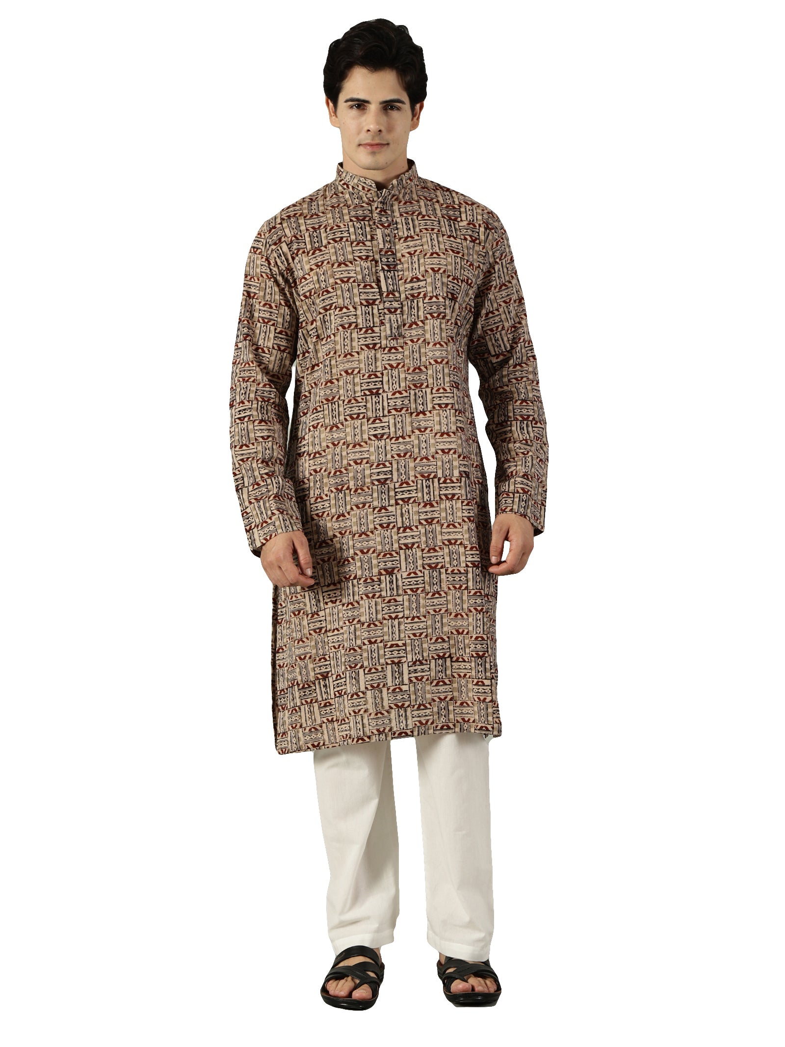 KuJee Crafts Men's Cotton Kalamkari Fabric Kurta with Brown Base