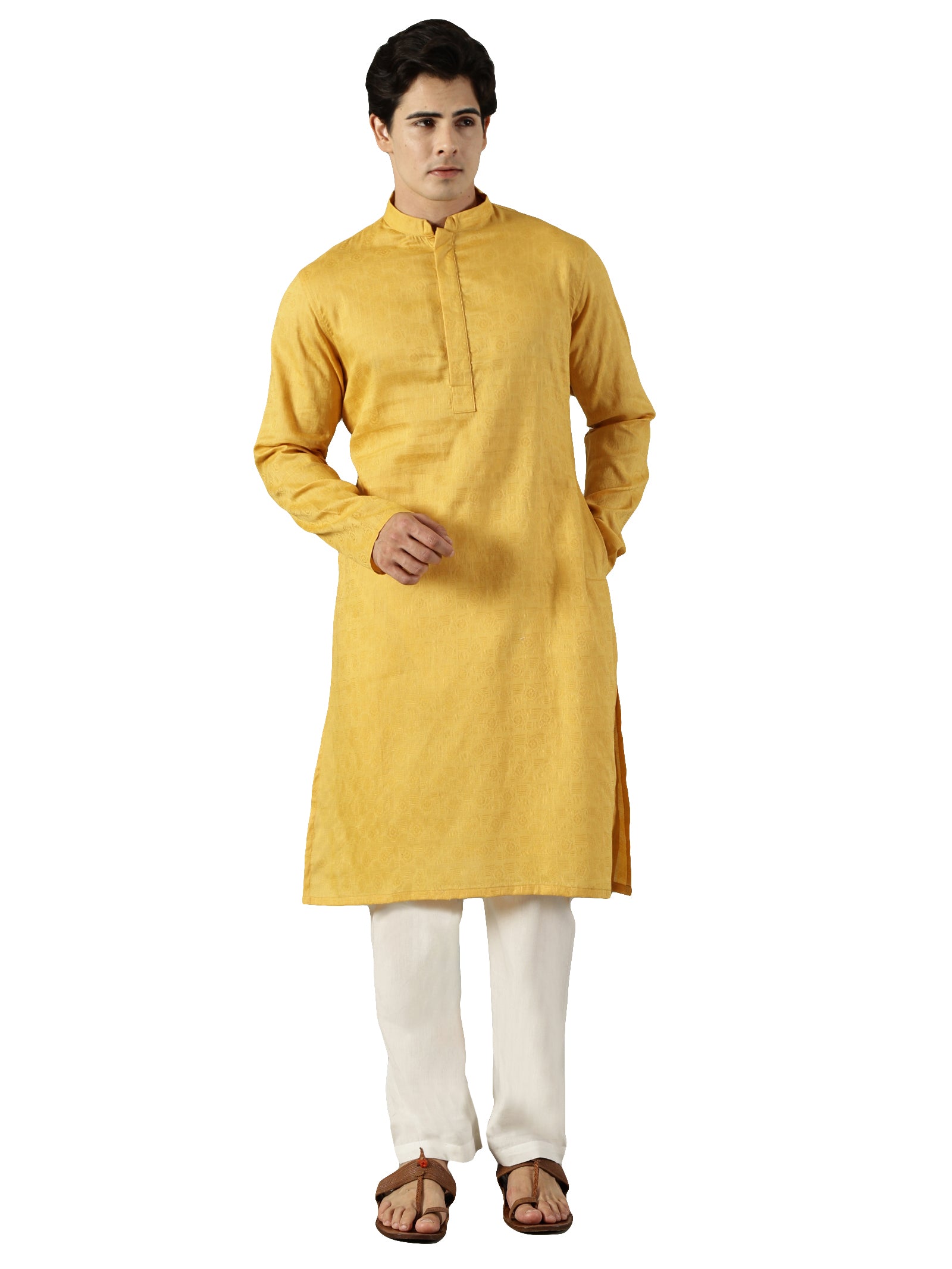 KuJee Crafts Men's Cotton Kurta with in Yellow Color.